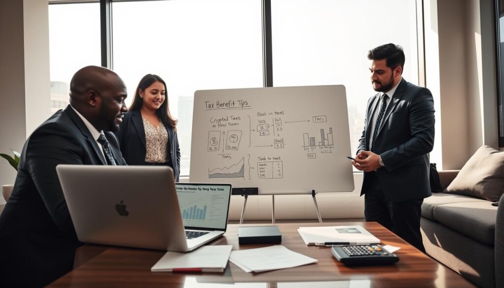 A professional, inviting office scene that illustrates strategies for lowering crypto taxes before year-end. In the foreground, a diverse group of three individuals, a middle-aged Black man in a suit, a young Asian woman in business casual attire, and a Hispanic man in smart attire, are engaged in discussion over a laptop showing tax calculations and charts. In the middle, a whiteboard displays diagrams and notes related to tax benefit tips while a coffee table holds financial documents and a calculator. The background features a large window with a cityscape view under natural afternoon lighting, creating a productive atmosphere. The mood is focused and collaborative, evoking the urgency of year-end financial planning. The angle captures the group in action, emphasizing teamwork and strategic discussion.