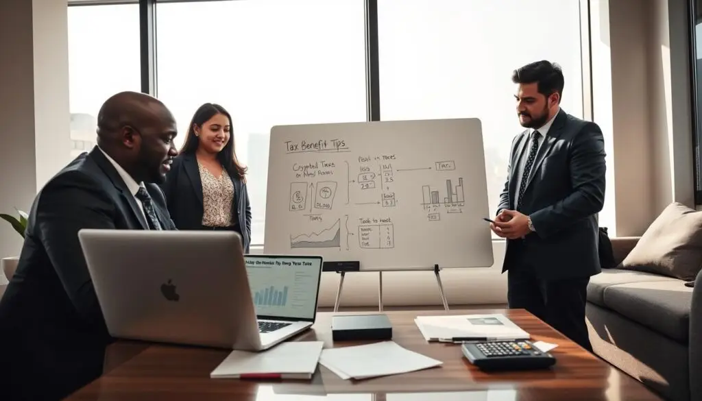 A professional, inviting office scene that illustrates strategies for lowering crypto taxes before year-end. In the foreground, a diverse group of three individuals, a middle-aged Black man in a suit, a young Asian woman in business casual attire, and a Hispanic man in smart attire, are engaged in discussion over a laptop showing tax calculations and charts. In the middle, a whiteboard displays diagrams and notes related to tax benefit tips while a coffee table holds financial documents and a calculator. The background features a large window with a cityscape view under natural afternoon lighting, creating a productive atmosphere. The mood is focused and collaborative, evoking the urgency of year-end financial planning. The angle captures the group in action, emphasizing teamwork and strategic discussion.