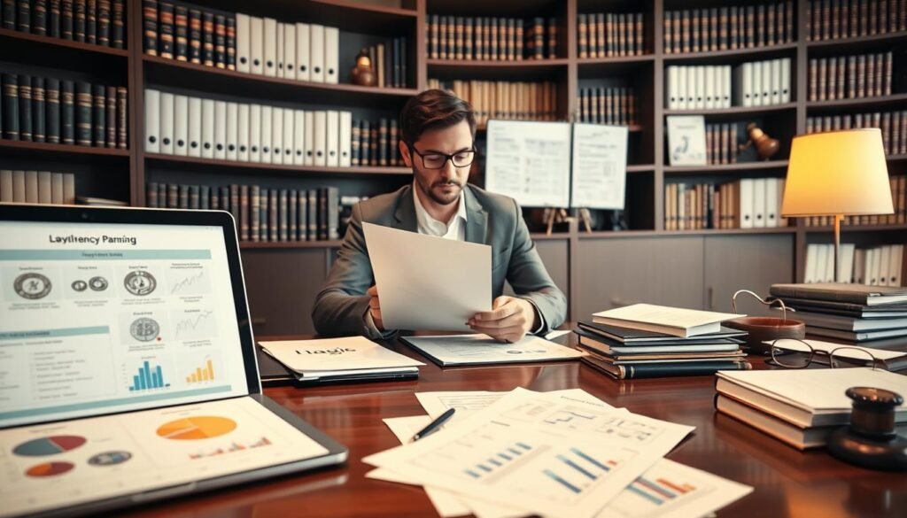 A professional office setting depicting a well-organized desk with various materials related to cryptocurrency estate planning. In the foreground, a laptop displays a detailed digital portfolio, showing various cryptocurrency assets and diagrams for inheritance distribution. Beside it, neatly arranged paperwork with charts and graphs. In the middle ground, a focused professional in business attire (male or female) is reviewing a strategy document, exuding a sense of determination and clarity. The background features bookshelves filled with legal books and financial guides, bathed in soft, warm lighting that creates an inviting and serious atmosphere. The angle captures the desk from slightly above, emphasizing the complexity of cryptocurrency management and the importance of planning. A professional office setting depicting a well-organized desk with various materials related to cryptocurrency estate planning. In the foreground, a laptop displays a detailed digital portfolio, showing various cryptocurrency assets and diagrams for inheritance distribution. Beside it, neatly arranged paperwork with charts and graphs. In the middle ground, a focused professional in business attire (male or female) is reviewing a strategy document, exuding a sense of determination and clarity. The background features bookshelves filled with legal books and financial guides, bathed in soft, warm lighting that creates an inviting and serious atmosphere. The angle captures the desk from slightly above, emphasizing the complexity of cryptocurrency management and the importance of planning.