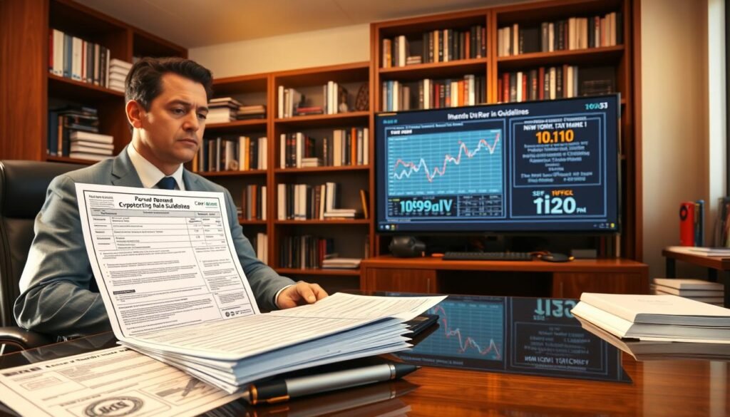 A professional office setting focused on cryptocurrency taxation, displaying a DeFi broker examining new rule changes. In the foreground, a businessperson in professional attire sits at a sleek desk covered with financial documents, including a form 1099-DIV prominently featured. The middle ground shows a digital screen with graphs and blockchain data representing DeFi transactions, along with official IRS guidelines. In the background, a bookshelf filled with tax guides and cryptocurrency literature creates a studious atmosphere. Warm, natural lighting filters through a large window, casting soft shadows. The overall mood is focused and informative, encapsulating the seriousness of tax implications for cryptocurrency in 2025.