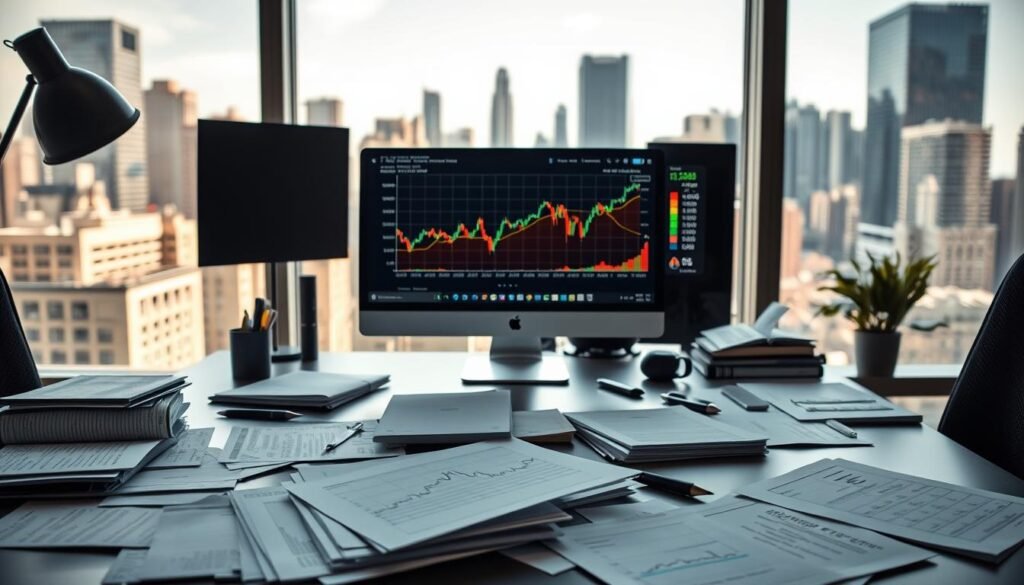 A professional office setting with a modern desk in the foreground, cluttered with documents and charts displaying financial data. In the middle, a computer screen shows a colorful graph representing cryptocurrency trends and tax implications, with a clear focus on the visual concept of the wash sale rule. In the background, a window offers a view of a bustling city skyline under bright natural lighting, symbolizing ongoing market activities. The mood is analytical and contemplative, illustrating the complexity of tax loss harvesting in crypto. Use a shallow depth of field to emphasize the desk and computer while softly blurring the background. The scene should evoke feelings of professionalism and focus, suitable for a serious financial discussion.