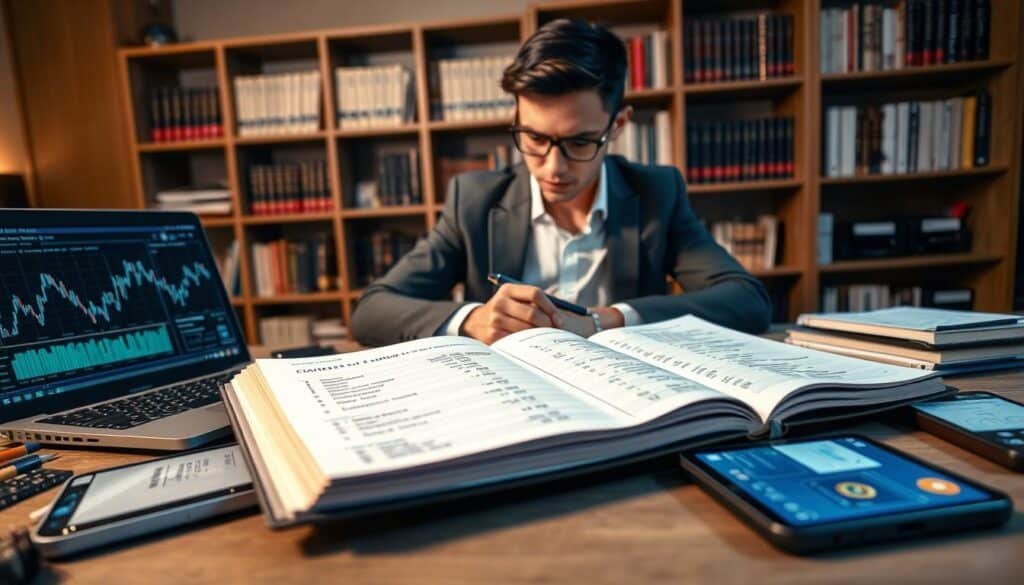 A professional setting depicting the act of recordkeeping for digital assets. In the foreground, a well-organized desk cluttered with various digital devices like a laptop displaying blockchain graphs, a tablet with transaction lists, and a smartphone showing cryptocurrency portfolios. A person in professional business attire, focused and attentive, is taking notes on a notepad. In the middle, an open ledger notebook with detailed financial records, emphasizing accuracy. The background features a modern office environment with shelves filled with books about finance and technology, along with a soft ambient light casting shadows for depth. The overall mood is serious yet hopeful, conveying the importance of precise recordkeeping in the evolving world of digital assets.