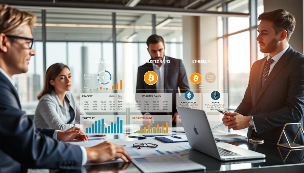A professional setting illustrating cryptocurrency taxation in the U.S. today. In the foreground, a diverse group of three business professionals, dressed in smart attire, is engaged in a discussion over a table filled with charts, graphs, and a laptop displaying cryptocurrency prices. The middle layer features a visually striking infographic showcasing tax brackets, realized and unrealized gains, and various cryptocurrencies like Bitcoin and Ethereum, artistically integrated into the scene. In the background, a sleek office environment with large windows allowing natural light to pour in, creating a bright and focused atmosphere. The overall mood should convey a sense of professionalism and clarity, emphasizing the importance of understanding cryptocurrency taxation. The angle is slightly elevated, providing a comprehensive view of the professionals and their discussion items.