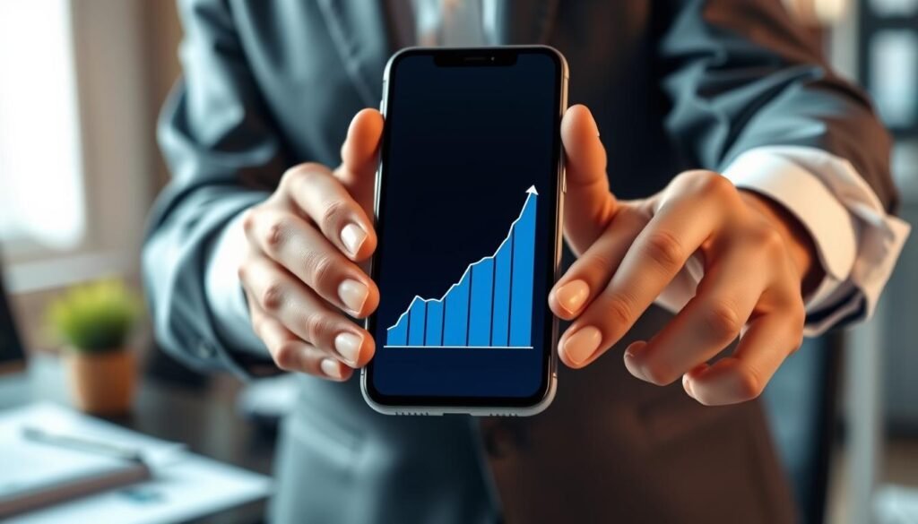 A professional setting showcasing a pair of hands holding a smartphone displaying a digital chart representing long-term capital gains in the realm of cryptocurrency. In the foreground, focus on the hands in a business-oriented pose, dressed in a smart casual shirt. In the middle ground, the smartphone screen should vividly display a rising graph with clear upward trends, symbolizing gains over time. In the background, a blurred office environment featuring subtle elements like a desk, financial reports, and a plant, conveying a sense of productivity and finance. Use soft, natural lighting to create an optimistic atmosphere, hinting at future success. The angle should be slightly elevated to enhance depth and focus on the hands and the smartphone, avoiding any distractions.