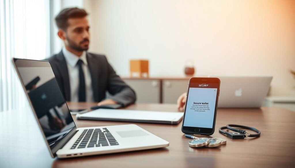 A professional setting showcasing a person in business attire, sitting at a modern desk with a laptop open, displaying a secure wallet installation screen. The foreground features clear, close-up details of the laptop and a smartphone with security features highlighted. In the middle, a neatly organized workspace with a few essential tools like a notepad and security badges. The background depicts a bright office environment with soft, natural light streaming through a window, creating an atmosphere of trust and security. The scene should convey a sense of focus and diligence, emphasizing the step-by-step process of safely installing and verifying a legitimate wallet. Overall, the composition should be inviting and informative, capturing the essence of professionalism and safety in digital transactions.