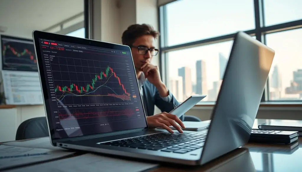 A professional trader analyzing an Elliott Wave trading setup on a sleek laptop, surrounded by charts and graphs displaying wave patterns. In the foreground, a clear view of the screen shows a detailed Elliott Wave structure with marked bullish and bearish phases. The middle layer features focused trader engaged in thought, wearing business casual attire, and strategically placed trading tools like notepads and a calculator. The background is an office space illuminated by soft, natural lighting to create a friendly atmosphere, with a large window showcasing a city skyline. The overall mood is one of concentration and professionalism, highlighting a serious but optimistic approach to cryptocurrency trading strategies. A professional trader analyzing an Elliott Wave trading setup on a sleek laptop, surrounded by charts and graphs displaying wave patterns. In the foreground, a clear view of the screen shows a detailed Elliott Wave structure with marked bullish and bearish phases. The middle layer features focused trader engaged in thought, wearing business casual attire, and strategically placed trading tools like notepads and a calculator. The background is an office space illuminated by soft, natural lighting to create a friendly atmosphere, with a large window showcasing a city skyline. The overall mood is one of concentration and professionalism, highlighting a serious but optimistic approach to cryptocurrency trading strategies.
