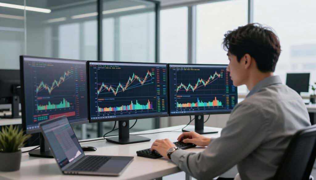 A professional trader analyzing cryptocurrency charts in a bright, modern office. In the foreground, a focused individual in business attire examines multiple screens displaying colorful candlestick charts with clear support and resistance lines. The middle layer features a sleek desk with trading tools, charts, and a laptop. In the background, large windows allow soft, natural light to filter in, casting an inspiring glow over the room. The atmosphere is one of concentration and determination, emphasizing the importance of identifying key levels on charts. Subtle reflections of digital data on the glass walls add a high-tech feel to the environment. The overall composition should evoke clarity and professionalism in the trading space.
