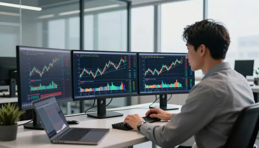 A professional trader analyzing cryptocurrency charts in a bright, modern office. In the foreground, a focused individual in business attire examines multiple screens displaying colorful candlestick charts with clear support and resistance lines. The middle layer features a sleek desk with trading tools, charts, and a laptop. In the background, large windows allow soft, natural light to filter in, casting an inspiring glow over the room. The atmosphere is one of concentration and determination, emphasizing the importance of identifying key levels on charts. Subtle reflections of digital data on the glass walls add a high-tech feel to the environment. The overall composition should evoke clarity and professionalism in the trading space.