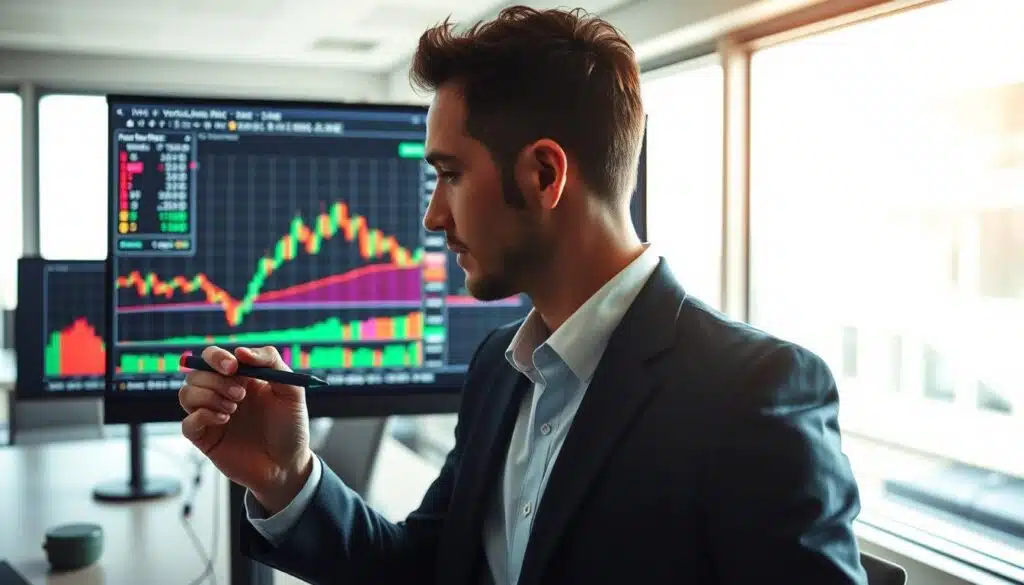 A professional trader intently analyzing a digital volume profile chart displayed on a sleek computer monitor. In the foreground, a focused individual, dressed in a tailored suit, is holding a stylus, making annotations on the chart. The middle ground shows the monitor filled with colorful volume profile graphs and candlestick patterns, highlighting key price levels and volume spikes. In the background, a modern office environment with large windows allowing natural light to illuminate the scene, creating a bright and inspiring atmosphere. The overall mood is one of concentration and analysis, with soft shadows enhancing the visual depth. The camera angle captures a slight overhead view, emphasizing both the trader’s engagement and the complexity of the trading data.