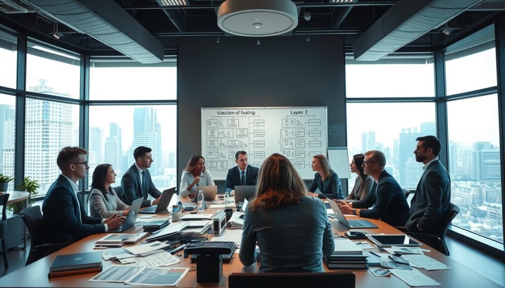 A professional workspace illustrating the process of choosing a scaling solution for a project. In the foreground, a diverse team of business professionals is engaged in a discussion around a large table cluttered with laptops, papers, and charts depicting sidechains and Layer 2 solutions. The middle ground has a whiteboard filled with diagrams and flowcharts, highlighting key differences between scaling methods. The background shows large windows with a view of a modern city skyline under bright, natural lighting, enhancing the collaborative atmosphere. The scene captures a sense of focus and determination, with individuals dressed in professional attire, reflecting their commitment to finding optimal solutions for their project. The angle is slightly elevated, capturing both the team’s interaction and the creative workspace. A professional workspace illustrating the process of choosing a scaling solution for a project. In the foreground, a diverse team of business professionals is engaged in a discussion around a large table cluttered with laptops, papers, and charts depicting sidechains and Layer 2 solutions. The middle ground has a whiteboard filled with diagrams and flowcharts, highlighting key differences between scaling methods. The background shows large windows with a view of a modern city skyline under bright, natural lighting, enhancing the collaborative atmosphere. The scene captures a sense of focus and determination, with individuals dressed in professional attire, reflecting their commitment to finding optimal solutions for their project. The angle is slightly elevated, capturing both the team’s interaction and the creative workspace.