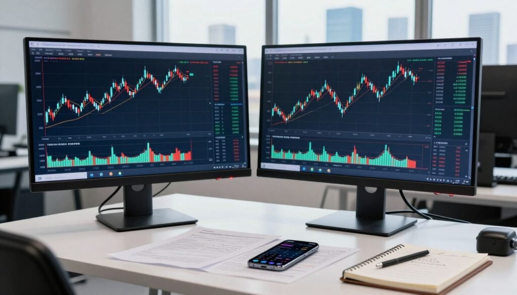 A professional workspace illustrating "volume areas" in cryptocurrency trading. In the foreground, a sleek computer monitor displays a colorful candlestick chart overlaid with volume indicators, creating an engaging focal point. In the middle, a modern desk is strewn with financial documents, a smartphone showing market data, and a notepad with handwritten notes. The background features a large window with natural light streaming in, illuminating a city skyline that symbolizes financial opportunity. The setting conveys a serious and focused atmosphere, fitting for a business environment. The lighting is bright, emphasizing clarity and professionalism, captured from an eye-level angle to draw the viewer into the scene.