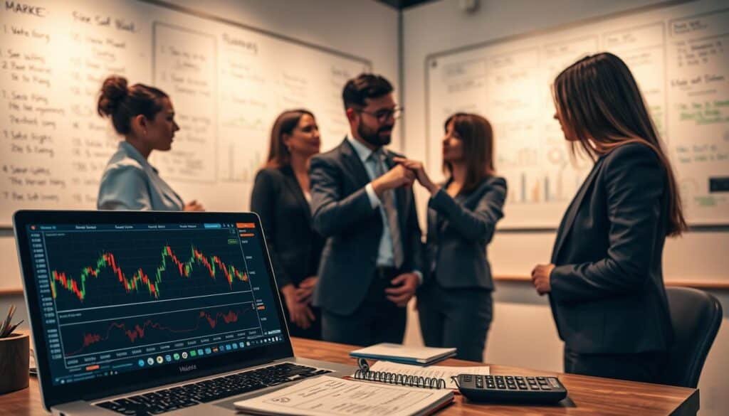 A professional workspace setting showcasing a detailed cryptocurrency price prediction setup. In the foreground, a laptop displays a complex chart with fluctuating cryptocurrency prices. A notepad with handwritten notes and a calculator are placed nearby. In the middle ground, a diverse group of three individuals in professional business attire are engaged in discussion and analysis, pointing at data on the laptop. The background features a whiteboard filled with market strategy notes and strategies, illuminated by soft, warm lighting that creates a focused yet inviting atmosphere. The scene is captured from a slightly elevated angle to provide a comprehensive view of the setup, emphasizing collaboration and analysis in a tech-oriented environment.