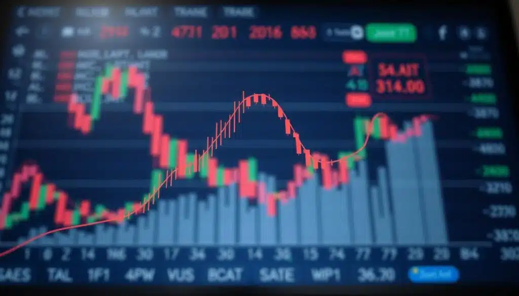 A realistic illustration of a cup and handle chart pattern, prominently displayed in the foreground with clear lines and dual color axes. The 'cup' shape should be round and defined, transitioning smoothly into the 'handle' which angles downwards. In the middle ground, various subtle gradients can represent price movements, with the backdrop featuring a blurred digital trading platform interface to convey a finance theme. The lighting should be soft and even, creating a professional and reassuring atmosphere. The angle should be slightly tilted from above to portray depth, inviting viewers to engage with the detail. The overall mood is analytical and focused, perfect for illustrating technical analysis concepts.