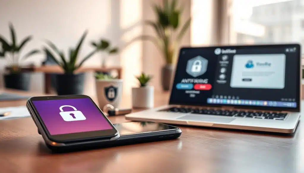A secure digital wallet displayed prominently in the foreground, featuring a sleek smartphone with a padlock symbol on its screen. In the middle ground, a clean, modern desk setup showcases essential cybersecurity tools like an antivirus software interface, a USB security key, and a laptop with a secure login screen. The background features a softly blurred view of an office environment, with plants and a window casting gentle, natural light. The scene conveys a mood of safety and professionalism, highlighted by warm tones to evoke a sense of trust and reliability. The image should be captured from a slightly elevated angle, emphasizing the wallet and security features, with crisp details and a polished finish.