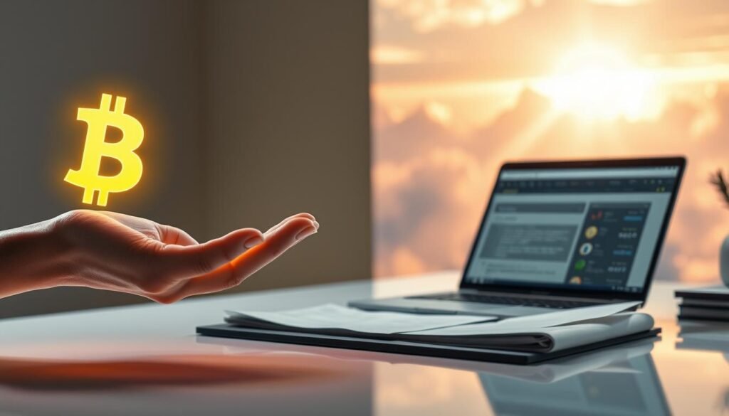 A serene and thought-provoking scene depicting the transition of digital assets at the moment of death. In the foreground, an ethereal hand gently releases a glowing, digital currency symbol, symbolizing the transfer of crypto assets, set against a smooth, reflective surface. In the middle ground, a softly lit, organized desk features a laptop with a cryptocurrency wallet open, surrounded by legal documents, signifying the importance of planning. The background showcases an abstract representation of a peaceful afterlife with soft, warm light breaking through a cloudy sky, creating a calming atmosphere. The entire scene is illuminated with soft, diffused lighting to evoke contemplation, captured from a slightly elevated angle to provide a comprehensive view. A serene and thought-provoking scene depicting the transition of digital assets at the moment of death. In the foreground, an ethereal hand gently releases a glowing, digital currency symbol, symbolizing the transfer of crypto assets, set against a smooth, reflective surface. In the middle ground, a softly lit, organized desk features a laptop with a cryptocurrency wallet open, surrounded by legal documents, signifying the importance of planning. The background showcases an abstract representation of a peaceful afterlife with soft, warm light breaking through a cloudy sky, creating a calming atmosphere. The entire scene is illuminated with soft, diffused lighting to evoke contemplation, captured from a slightly elevated angle to provide a comprehensive view.