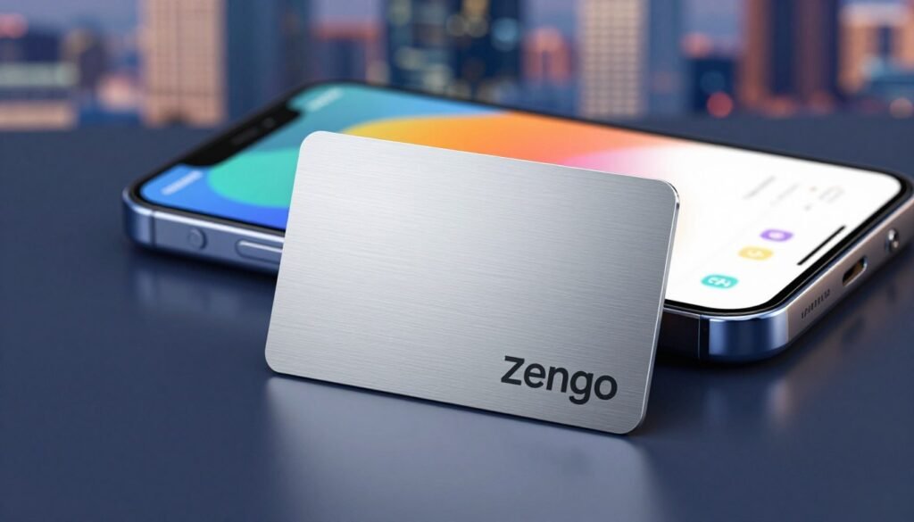 A sleek Zengo wallet card prominently displayed in the foreground, showcasing its minimalist design with smooth edges and a brushed metal finish reflecting light. The card is centered, angled slightly to highlight its dimensions. In the middle ground, a smart smartphone is placed at an angle, displaying the Zengo app interface with vibrant colors, symbolizing the digital aspect of crypto transactions. The background features a subtle blurred cityscape to evoke a modern, tech-savvy atmosphere, illuminated by soft, ambient lighting that creates a professional yet inviting mood. The overall image should convey trust and innovation in the cryptocurrency space, with attention to detail and clarity in showcasing the wallet card's feature.