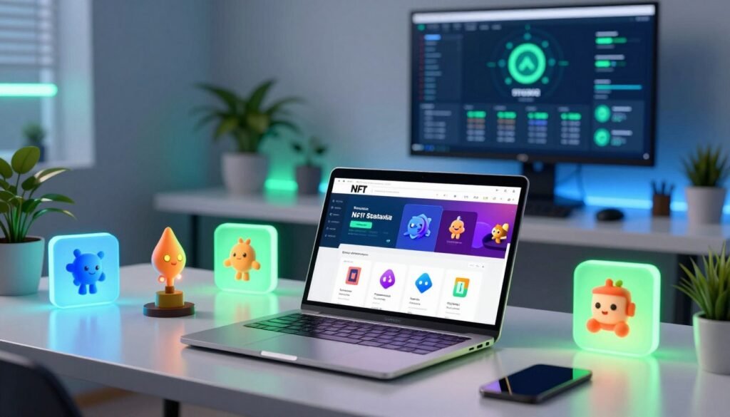 A sleek and modern NFT staking setup displayed in a well-organized workspace. In the foreground, a high-end laptop with an open browser window showing a colorful NFT marketplace and various digital assets. Surrounding the laptop are vibrant 3D NFT art pieces, glowing softly, showcasing unique designs. The middle ground features a stylish desk with potted plants and accessories that add a tech-savvy vibe. The background includes a wall-mounted screen displaying analytics and staking rewards in real-time, bathed in calming blue and green LED lighting. The room exudes a professional yet inviting atmosphere, emphasizing innovation in digital finance, captured with a shallow depth of field to focus on the staking setup. Ideal for a modern and creative audience.
