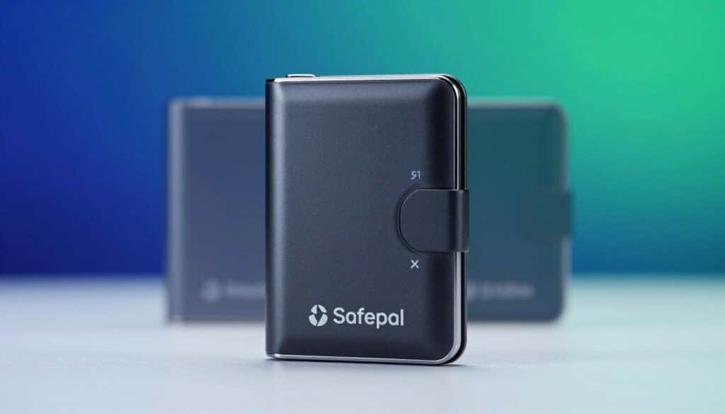A sleek and modern Safepal hardware wallet displayed prominently in the foreground, showcasing its compact design and polished edges. The wallet, resembling a high-tech gadget, is depicted in a stylish matte black finish with subtle lighting reflecting its surface. Behind it, a softly blurred background featuring a gradient of blue and green colors evokes a digital cryptocurrency theme, hinting at security and innovation. The wallet's model identifiers, S1, X1, and S1 Pro, are subtly implied through their silhouettes or outlines, creating a sense of comparison. The scene is lit with cool, even lighting that enhances the wallet's details and gives a professional, high-tech atmosphere suitable for an article about cryptocurrency security features.