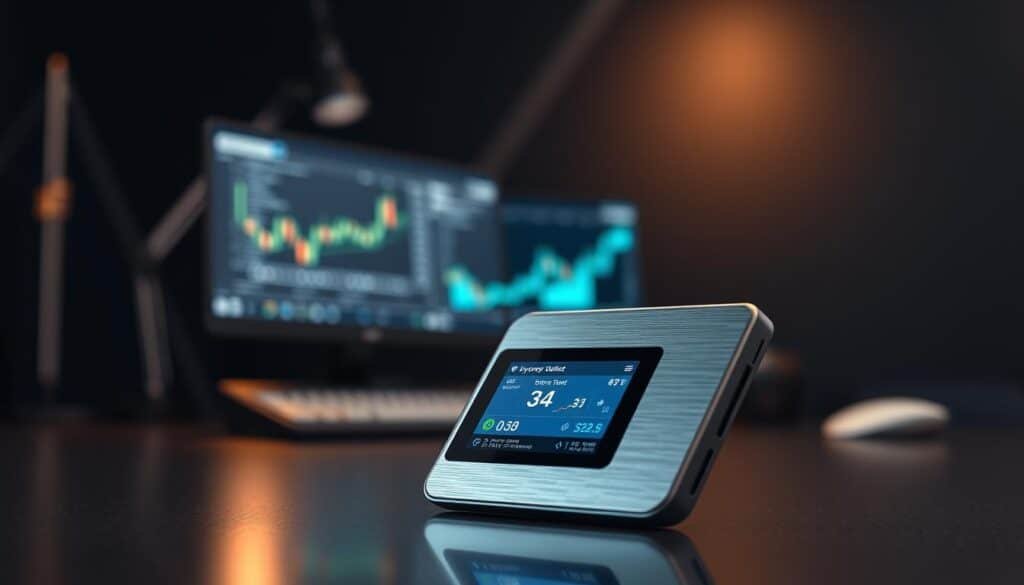A sleek and modern crypto wallet sits prominently in the foreground, showcasing a digital display with animated graphics of cryptocurrency transactions. The wallet is made of brushed aluminum, reflecting soft ambient light that creates a futuristic atmosphere. In the middle ground, a blurred desktop scene includes a computer and cryptocurrency-related charts on the screen, emphasizing the wallet's purpose. The background features a dark, tech-inspired space with subtle geometric shapes, enhancing the high-tech feel. A warm, inviting light casts gentle shadows, making the scene feel approachable yet sophisticated. The overall mood is professional and innovative, perfect for illustrating the concept of digital asset storage.