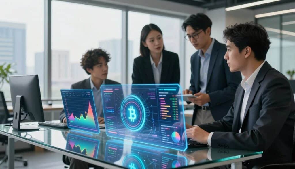 A sleek and modern digital workspace showcasing crypto token metrics. In the foreground, a glass table displays holographic screens featuring key metrics such as market cap, trading volume, price change, and liquidity indicators, all represented with vibrant, animated graphs and charts in bright, engaging colors. In the middle, a diverse group of three professionals in business attire discuss the data, their expressions reflecting focus and collaboration. The background features a high-tech office with large windows revealing a city skyline bathed in soft natural light, creating an inspiring and innovative atmosphere. The overall mood is dynamic and forward-thinking, emphasizing the excitement and potential of investing in AI crypto coins.