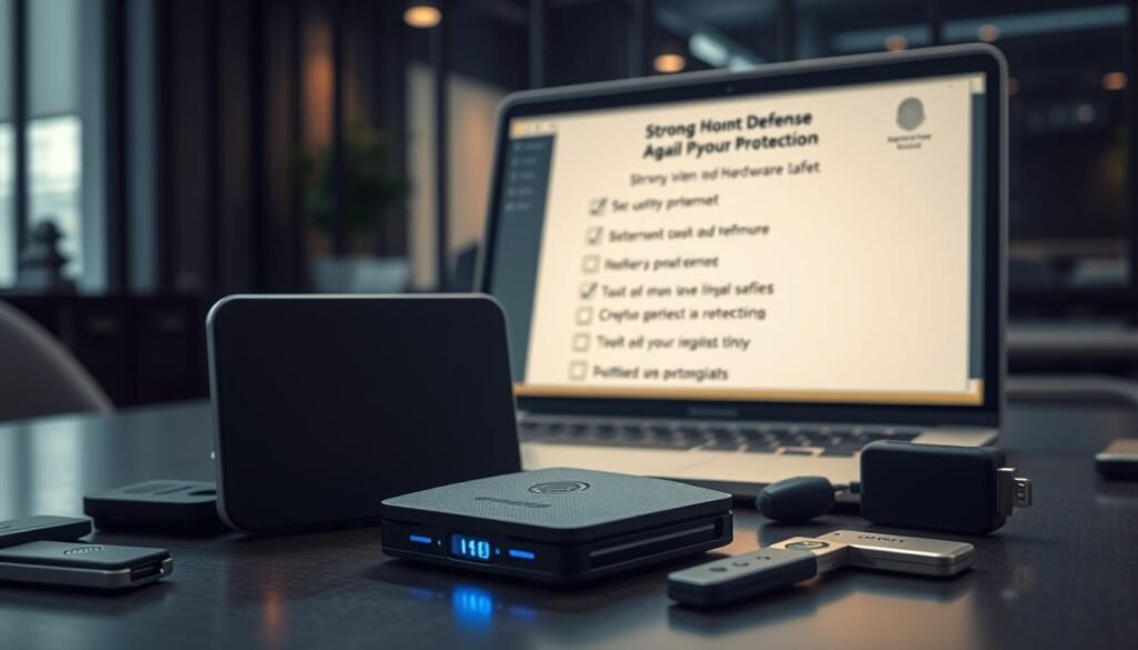 A sleek and modern hardware wallet sits prominently in the foreground, its design reflecting advanced technology with a matte finish and glowing LED indicators. Surrounding the wallet are various security tools, such as a fingerprint scanner, encryption keys, and a USB security token, all arranged thoughtfully to showcase a strong defense against phishing attacks. In the midground, a softly blurred laptop screen displays a security checklist emphasizing digital safety and crypto protection. The background features a dimly lit, sophisticated office setting, with soft ambient lighting and subtle reflections capturing a focused atmosphere. The scene conveys a sense of urgency and professionalism, highlighting the importance of safeguarding digital assets. The angle is a slightly elevated view, making the hardware wallet the focal point while allowing the surrounding elements to complement its narrative.