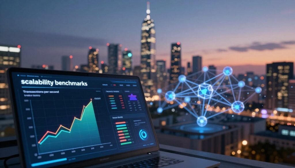 A sleek and modern visualization of "scalability benchmarks" in the context of blockchain technology. In the foreground, display a futuristic digital dashboard featuring colorful graphs and metrics, emphasizing performance data like transactions per second and network latency. The middle ground should include abstract representations of interconnected blockchain nodes, conveying growth and connectivity. In the background, a stylized cityscape symbolizes tech innovation, with glowing skyscrapers under a twilight sky. Soft, ambient lighting enhances a professional yet dynamic atmosphere. Use a wide-angle perspective to create depth and focus on the details of the metrics presented. The mood should express advancement and reliability, appealing to blockchain developers.