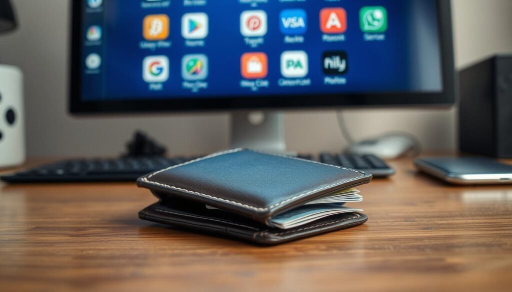 A sleek and modern wallet placed on a wooden desk, showcasing its leather texture and intricate stitching. The wallet is partially open to reveal a few credit cards and folded cash, subtly hinting at its functionality. In the background, a blurred computer screen displays multiple app icons representing various wallet applications, some appearing outdated or dubious. Soft, natural lighting illuminates the scene, creating an inviting yet alert atmosphere. The angle is slightly elevated, giving a clear view of the wallet while maintaining focus on the digital clutter behind it. The overall mood is one of vigilance and caution, emphasizing the importance of discerning real from fake wallet apps.