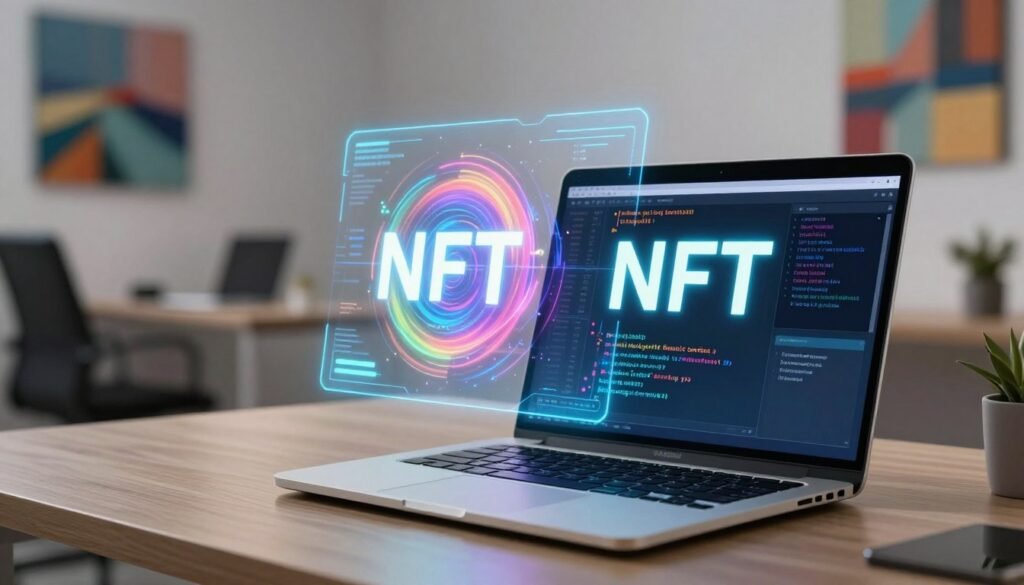 A sleek digital workspace shows a glowing holographic interface displaying a minting smart contract for NFTs. In the foreground, an elegant laptop sits open, with technical code snippets visible on the screen. The middle ground features a futuristic virtual representation of an NFT being minted, vibrant colors swirling around it, symbolizing creativity and value. In the background, a minimalist office with soft ambient lighting sets a professional atmosphere, while abstract digital art pieces symbolize the artistic aspect of NFTs. The angle is slightly elevated, capturing both the laptop and the holographic display, inviting viewers into the advanced tech scene. The mood is focused, innovative, and inspiring, emphasizing the connection between technology and creativity in the NFT space. A sleek digital workspace shows a glowing holographic interface displaying a minting smart contract for NFTs. In the foreground, an elegant laptop sits open, with technical code snippets visible on the screen. The middle ground features a futuristic virtual representation of an NFT being minted, vibrant colors swirling around it, symbolizing creativity and value. In the background, a minimalist office with soft ambient lighting sets a professional atmosphere, while abstract digital art pieces symbolize the artistic aspect of NFTs. The angle is slightly elevated, capturing both the laptop and the holographic display, inviting viewers into the advanced tech scene. The mood is focused, innovative, and inspiring, emphasizing the connection between technology and creativity in the NFT space.