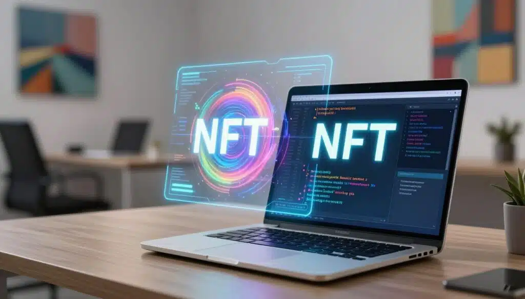 A sleek digital workspace shows a glowing holographic interface displaying a minting smart contract for NFTs. In the foreground, an elegant laptop sits open, with technical code snippets visible on the screen. The middle ground features a futuristic virtual representation of an NFT being minted, vibrant colors swirling around it, symbolizing creativity and value. In the background, a minimalist office with soft ambient lighting sets a professional atmosphere, while abstract digital art pieces symbolize the artistic aspect of NFTs. The angle is slightly elevated, capturing both the laptop and the holographic display, inviting viewers into the advanced tech scene. The mood is focused, innovative, and inspiring, emphasizing the connection between technology and creativity in the NFT space.