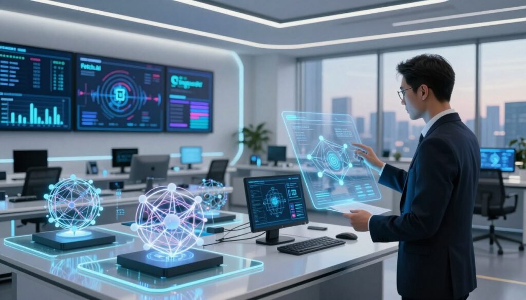 A sleek, high-tech workspace filled with futuristic gadgets and screens displaying data streams representing Fetch.ai, SingularityNET, and Ocean Protocol. In the foreground, a professional in a smart business outfit is analyzing a holographic interface showcasing interconnected nodes and digital assets. In the middle ground, various 3D models of decentralized networks and technical diagrams are arranged neatly on glass tables. The background features bright ambient lighting, giving a clean, cutting-edge atmosphere, with large windows revealing a city skyline at dusk. The overall mood is innovative and dynamic, emphasizing a sense of progress and collaboration in the AI and blockchain sectors.