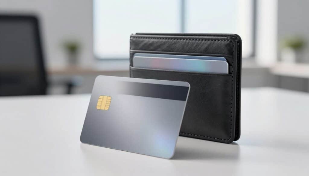 A sleek, modern credit card design showcased prominently in the foreground, featuring a high-tech aesthetic with metallic finishes and subtle holographic elements. The card is displayed at a slight angle to highlight its smooth, durable surface and compact size. In the middle ground, a stylish, minimalist wallet open with a transparent section showcasing the card, emphasizing usability and functionality. The background features a soft-focus office setting with natural light streaming through a window, casting gentle shadows that create an inviting atmosphere. Use a slightly elevated angle to capture the card and wallet in detail, ensuring a professional and polished appearance that conveys sophistication and innovation.
