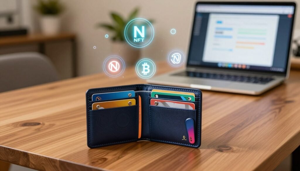 A sleek, modern crypto wallet placed prominently in the foreground on a wooden table, showcasing its intricate designs, vibrant colors, and various card slots. The wallet is slightly open, revealing a few cryptocurrency cards peeking out. In the middle ground, soft-focus digital elements like holographic icons representing NFTs and blockchain symbols float gracefully, hinting at the digital world. The background features a cozy home office setup with a laptop displaying a minting interface, warm desk lighting casting a gentle glow that enhances the atmosphere of creativity and innovation. The overall mood is inviting and tech-savvy, inspiring a sense of excitement about the future of digital assets.