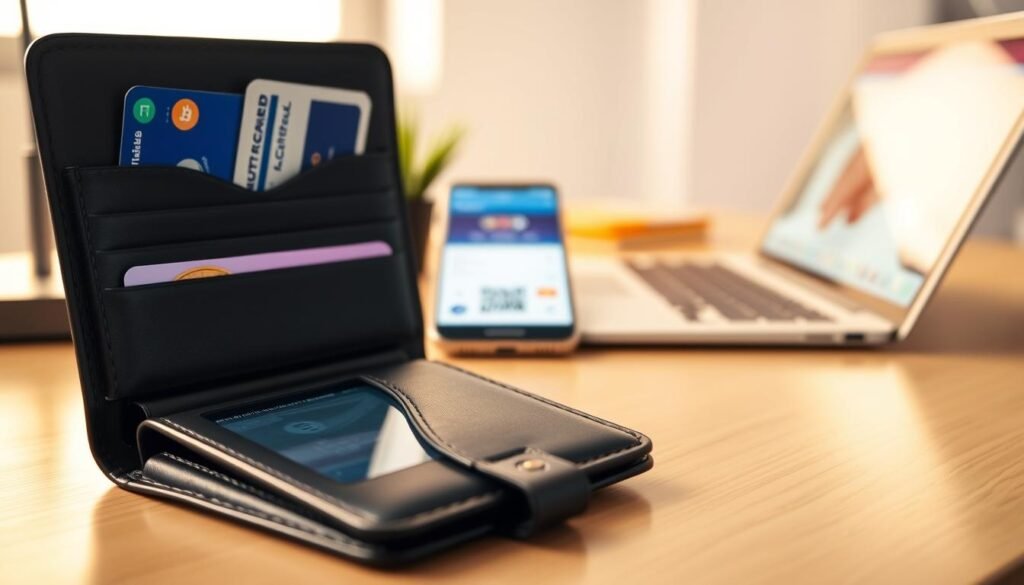 A sleek, modern cryptocurrency wallet is prominently displayed in the foreground, made of high-quality leather with a minimalist design, showcasing various compartments for cards and cash. The wallet is open, revealing digital currency symbols and a QR code visible on a screen. In the middle ground, a blurred smartphone displays an app interface, emphasizing Layer-2 account management features. The background features a softly lit workspace with a wooden desk and a laptop, hinting at a tech-savvy environment. The lighting is warm yet focused, creating an inviting, professional atmosphere. A slight depth of field effect draws attention to the wallet, enhancing its importance in the financial technology landscape. A sleek, modern cryptocurrency wallet is prominently displayed in the foreground, made of high-quality leather with a minimalist design, showcasing various compartments for cards and cash. The wallet is open, revealing digital currency symbols and a QR code visible on a screen. In the middle ground, a blurred smartphone displays an app interface, emphasizing Layer-2 account management features. The background features a softly lit workspace with a wooden desk and a laptop, hinting at a tech-savvy environment. The lighting is warm yet focused, creating an inviting, professional atmosphere. A slight depth of field effect draws attention to the wallet, enhancing its importance in the financial technology landscape.