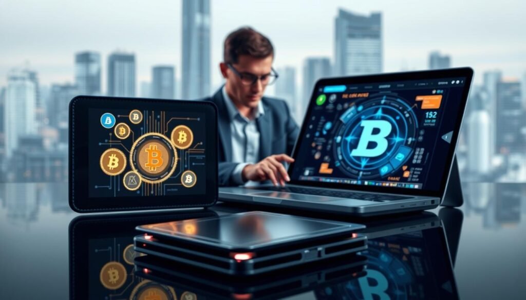 A sleek, modern cryptocurrency wallet prominently displayed in the foreground, showcasing its digital interface with vibrant coins and blockchain motifs animated on the screen. In the middle ground, a professional individual dressed in business attire analyzes the wallet on a high-tech laptop, conveying a sense of diligence and sophistication. The background features an abstract but refined representation of a digital cityscape, symbolizing the vast world of cryptocurrency and financial technology. Soft, cool lighting creates a futuristic ambiance, highlighting the glossy surfaces of the wallet and laptop. The composition is shot from a slight angle to convey depth, evoking a sense of exploration within the evolving realm of digital finance.