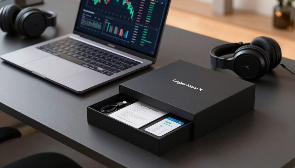 A sleek, modern desk setup showcasing a neatly arranged Ledger Nano X box in the foreground, emphasizing its premium packaging. The box is partially open, revealing accessories such as a USB-C cable, user manual, and recovery seed cards. In the middle ground, a stylish laptop with a financial dashboard visible on its screen, alongside a pair of sophisticated headphones, suggesting a tech-savvy environment. The background features a subtle, blurred office setting with warm, ambient lighting to create a professional yet inviting atmosphere. The image is shot from a slightly elevated angle, enhancing the focus on the product. The overall mood is one of sophistication and security, perfectly capturing the essence of the product.