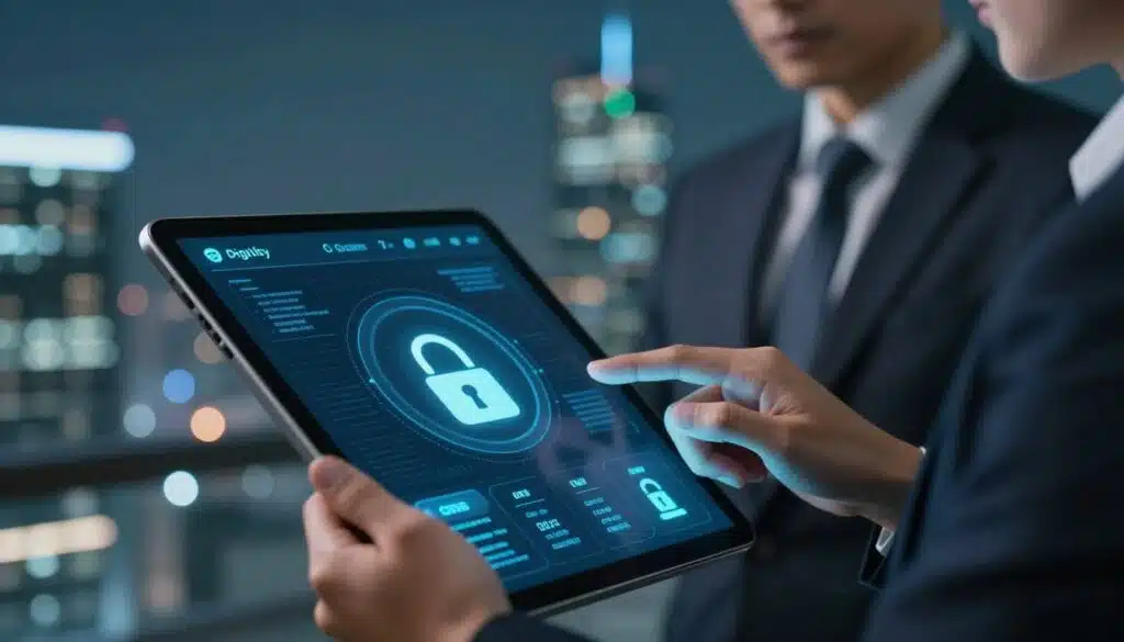 A sleek, modern digital wallet interface prominently displayed in the foreground, showcasing detailed security features like complex encryption codes and a secure lock symbol. In the middle ground, a subtle depiction of a business professional in smart attire analyzing the wallet on a digital tablet, reflecting a careful examination of costs versus security. The background features a futuristic cityscape subtly illuminated by blue and green lights, suggesting a high-tech environment. Utilize soft, diffused lighting to create a calm yet focused atmosphere, emphasizing the importance of security in digital transactions. The angle should be slightly elevated, giving viewers an overview of both the digital interface and the professional’s engagement, evoking a sense of safety and trustworthiness in the technology used. A sleek, modern digital wallet interface prominently displayed in the foreground, showcasing detailed security features like complex encryption codes and a secure lock symbol. In the middle ground, a subtle depiction of a business professional in smart attire analyzing the wallet on a digital tablet, reflecting a careful examination of costs versus security. The background features a futuristic cityscape subtly illuminated by blue and green lights, suggesting a high-tech environment. Utilize soft, diffused lighting to create a calm yet focused atmosphere, emphasizing the importance of security in digital transactions. The angle should be slightly elevated, giving viewers an overview of both the digital interface and the professional’s engagement, evoking a sense of safety and trustworthiness in the technology used.