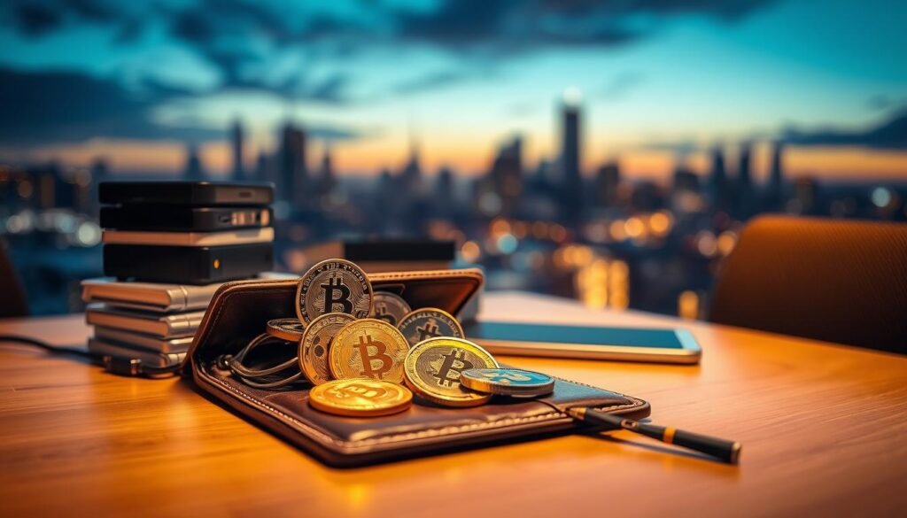 A sleek, modern digital wallet open on a table displaying various cryptocurrencies as tokens, with vibrant colors like gold, silver, and blue glistening. The foreground features detailed textures of leather and metal, while the middle shows a blurred out stack of digital devices, symbolizing connectivity. In the background, a soft-focus cityscape at dusk with glowing lights evokes an atmosphere of technology and security. Warm ambient lighting highlights the wallet and its contents, with a shallow depth of field emphasizing its importance. The overall mood is serious yet hopeful, illustrating the safeguarding of digital assets in a contemporary setting, reflecting vigilance and innovation.