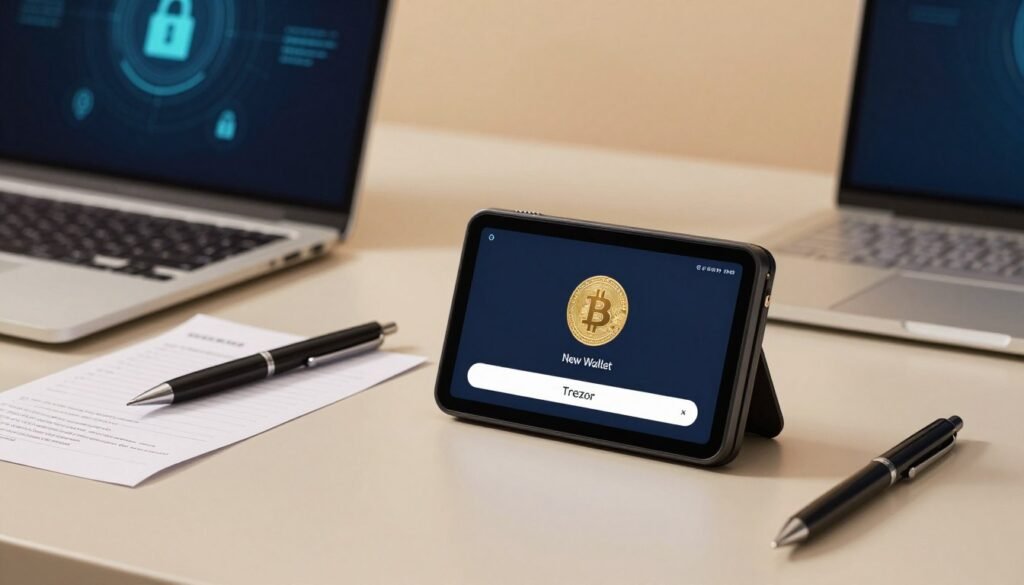 A sleek, modern digital workspace featuring a Trezor wallet device prominently situated in the foreground, with a display screen showing a user-friendly interface for creating a new wallet. Surrounding the device, a minimalist arrangement of essential tools such as a laptop, security seed paper, and a pen are neatly organized. In the middle ground, a soft-focus background depicts abstract cryptocurrency symbols and a secure digital environment. The scene is illuminated by warm, soft lighting to evoke a sense of security and professionalism. Capture the composition from an eye level angle, conveying a calm and focused atmosphere, ideal for users setting up or recovering their cryptocurrency wallets.