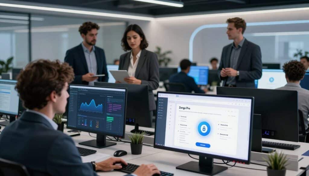 A sleek, modern digital workspace showcasing Zengo Pro features for power users. In the foreground, a high-resolution screen displays a user-friendly interface with crypto assets organized and secure. The middle layer features a diverse group of professional individuals, dressed in smart business attire, engaging with the technology, interacting with touch screens and discussing security features in an animated manner. The background highlights a futuristic office environment with soft, ambient lighting creating a calm atmosphere. Use a wide-angle lens to capture the depth of the space, emphasizing the integration of technology and teamwork. The overall mood should feel innovative and secure, reflecting the premium nature of Zengo Pro.