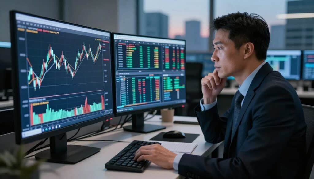 A sleek, modern financial trading setup showcasing a detailed view of a lower Bollinger Band chart on a large computer screen. In the foreground, a well-dressed professional, around mid-30s, studies the chart intently with a thoughtful expression, analyzing market signals. The middle ground features a glowing trading desk cluttered with graphs, notepads, and digital indicators, illuminated by soft, focused lighting that highlights the contours of the scene. In the background, blurred office elements create a professional atmosphere, with a large window showing a city skyline at dusk, lending a sense of urgency to the trading environment. The overall mood is serious and analytical, emphasizing the importance of understanding trading signals in the financial market. A sleek, modern financial trading setup showcasing a detailed view of a lower Bollinger Band chart on a large computer screen. In the foreground, a well-dressed professional, around mid-30s, studies the chart intently with a thoughtful expression, analyzing market signals. The middle ground features a glowing trading desk cluttered with graphs, notepads, and digital indicators, illuminated by soft, focused lighting that highlights the contours of the scene. In the background, blurred office elements create a professional atmosphere, with a large window showing a city skyline at dusk, lending a sense of urgency to the trading environment. The overall mood is serious and analytical, emphasizing the importance of understanding trading signals in the financial market.