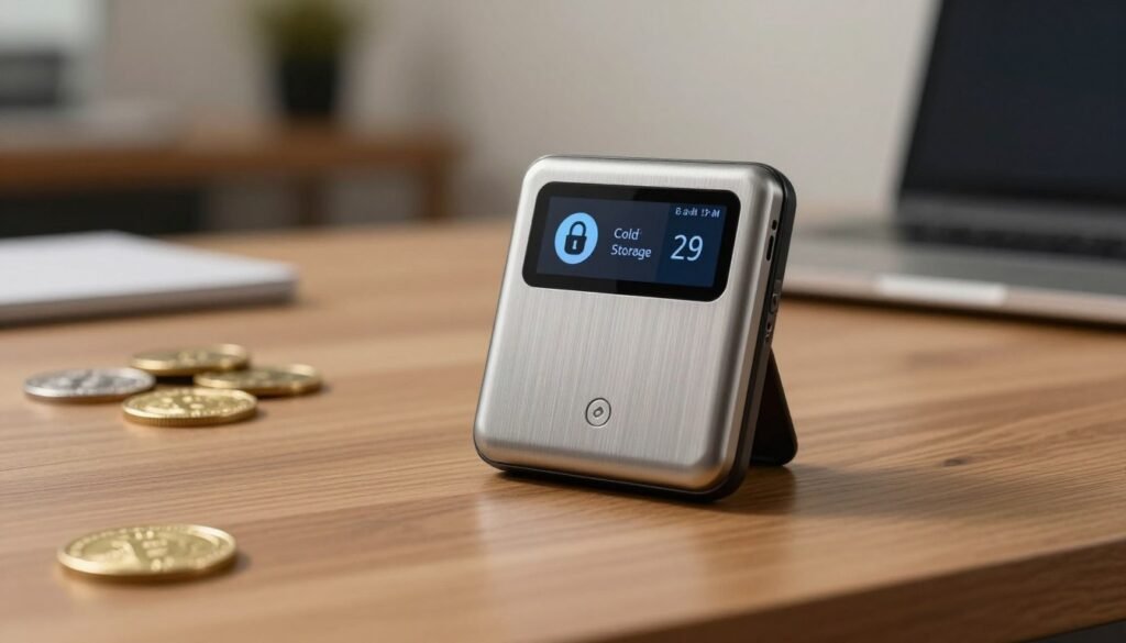 A sleek, modern hardware wallet designed for cryptocurrency sits prominently in the foreground, showcasing its minimalist aesthetic with a brushed metal finish and intuitive touchscreen. In the middle ground, a wooden desk is adorned with a few scattered cryptocurrency coins, emphasizing the digital finance theme. The background features a softly blurred office environment, with a calming atmosphere created by warm, diffused lighting that highlights the wallet's secure features. Capture this scene with a shallow depth of field, focusing sharply on the wallet while the desk and background gradually fade. The overall mood should convey security and sophistication, appealing to both tech enthusiasts and casual users, reflecting the importance of cold storage in protecting digital assets.
