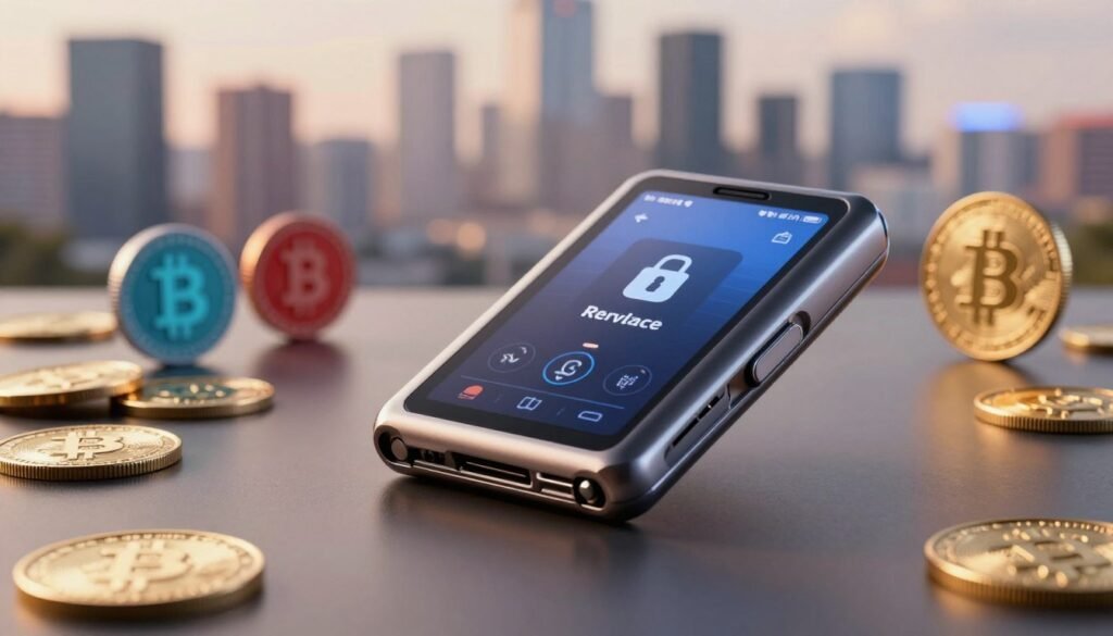 A sleek, modern hardware wallet displayed prominently in the foreground, glistening with metallic accents and an intuitive touchscreen interface. Surround it with various cryptocurrencies symbolized by colorful coins and tokens in the middle ground. In the background, a blurred city skyline suggests technological advancement and security. Soft, diffused lighting casts a warm glow on the wallet, highlighting its contours and textures, while shadows lend a sense of depth. The camera angle is slightly tilted, creating a dynamic perspective that underscores the wallet's importance in crypto security. The atmosphere is professional and futuristic, conveying a sense of trust and innovation in the realm of crypto cold storage solutions. A sleek, modern hardware wallet displayed prominently in the foreground, glistening with metallic accents and an intuitive touchscreen interface. Surround it with various cryptocurrencies symbolized by colorful coins and tokens in the middle ground. In the background, a blurred city skyline suggests technological advancement and security. Soft, diffused lighting casts a warm glow on the wallet, highlighting its contours and textures, while shadows lend a sense of depth. The camera angle is slightly tilted, creating a dynamic perspective that underscores the wallet's importance in crypto security. The atmosphere is professional and futuristic, conveying a sense of trust and innovation in the realm of crypto cold storage solutions.