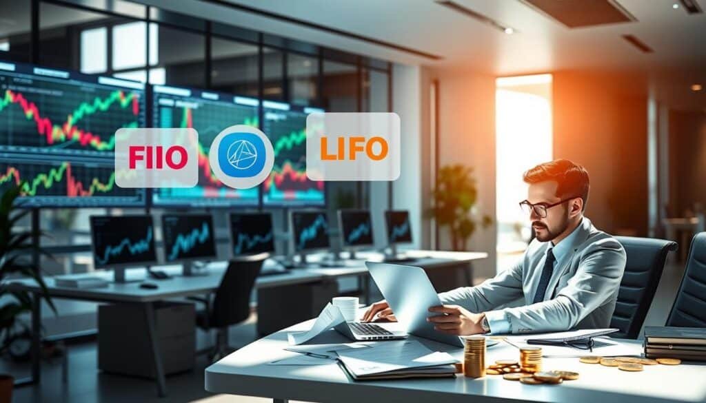 A sleek, modern office environment fills the background, showcasing financial charts and digital screens displaying cryptocurrency trends. In the foreground, a professional sitting at a well-organized desk is analyzing cost basis methods on a laptop, surrounded by financial documents and crypto coins. The individual, dressed in smart business attire, appears focused and engaged. Natural light streams through the large windows, enhancing the vibrant colors of the office while soft shadows add depth to the scene. The middle ground includes floating graphics of different cost basis methods like FIFO, LIFO, and HIFO, represented as colorful infographics that symbolize their impact on tax outcomes. The atmosphere is dynamic and innovative, emphasizing the importance of informed financial strategies in the world of cryptocurrency.