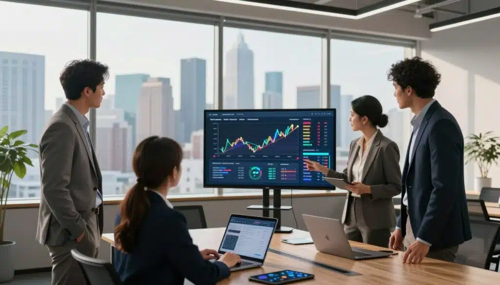 A sleek, modern office environment serves as the backdrop, with a large window showing a vibrant city skyline. In the foreground, a diverse group of three professionals—two men and one woman, all dressed in smart business attire—are gathered around a high-tech touchscreen display. The screen shows colorful graphs and data analytics related to market sentiment analysis, with arrows and indicators highlighting key features. The middle ground features a stylish conference table scattered with digital devices like laptops and tablets, reinforcing the tech-savvy atmosphere. Soft, natural lighting filters in through the window, casting a bright yet warm glow, enhancing the focus on collaboration and innovation. The overall mood is one of professionalism and forward-thinking, perfectly aligning with the theme of advanced market analysis tools.