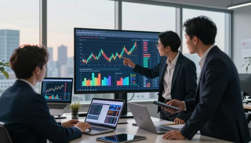 A sleek, modern office setting with a high-tech vibe, showcasing a large interactive screen displaying colorful graphs and charts related to market sentiment analysis. In the foreground, a diverse group of three professionals, dressed in smart business attire, are engaged in a dynamic discussion, analyzing the data on the screen. The middle ground features various digital devices like tablets and laptops, with financial news highlights on their screens. The background is filled with a panoramic city skyline visible through large windows, bathed in soft, natural light from the afternoon sun. The atmosphere is collaborative and focused, reflecting a sense of urgency and importance in their work. Use a slight depth of field to emphasize the interaction among the people while keeping the graphs in clear focus.