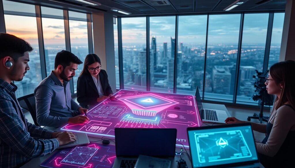 A sleek, modern office space representing Offchain Labs, with engineers collaborating on scalable blockchain technology. In the foreground, a diverse group of two professionals, one male and one female, are focused on a large digital display showcasing diagrams of Arbitrum's Layer 2 architecture. The middle ground features high-tech gadgets and laptops, with vibrant holographic projections illustrating data flows and smart contracts. The background is a panoramic view of a futuristic city skyline through large glass windows, bathed in soft ambient lighting that enhances a sense of innovation and collaboration. The mood is inspired and industrious, emphasizing the cutting-edge technology behind scalability solutions in blockchain. A sleek, modern office space representing Offchain Labs, with engineers collaborating on scalable blockchain technology. In the foreground, a diverse group of two professionals, one male and one female, are focused on a large digital display showcasing diagrams of Arbitrum's Layer 2 architecture. The middle ground features high-tech gadgets and laptops, with vibrant holographic projections illustrating data flows and smart contracts. The background is a panoramic view of a futuristic city skyline through large glass windows, bathed in soft ambient lighting that enhances a sense of innovation and collaboration. The mood is inspired and industrious, emphasizing the cutting-edge technology behind scalability solutions in blockchain.