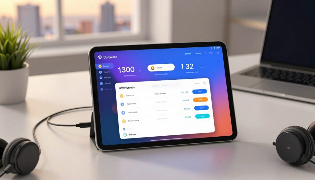 A sleek, modern software wallet displayed on a digital tablet, with a vibrant user interface showcasing cryptocurrency balances and transaction history. In the foreground, the tablet is surrounded by a few essential tech accessories, like a charging cable and headphones, indicating active use for everyday transactions. The middle ground features a softly lit workspace with a minimalist aesthetic — a clean desk with a laptop, a potted plant, and subtle reflections on the tablet screen, highlighting digital activity. The background includes a softly blurred city skyline through a window, conveying a dynamic urban atmosphere. The lighting is warm and inviting, suggesting a professional yet approachable mood, captured from a slight overhead angle to showcase the wallet interface effectively.