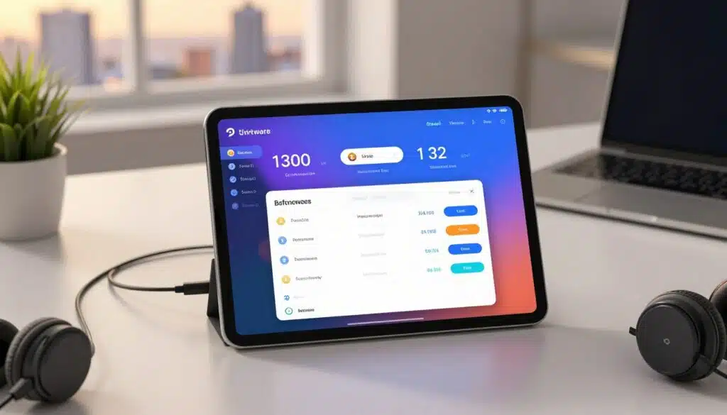 A sleek, modern software wallet displayed on a digital tablet, with a vibrant user interface showcasing cryptocurrency balances and transaction history. In the foreground, the tablet is surrounded by a few essential tech accessories, like a charging cable and headphones, indicating active use for everyday transactions. The middle ground features a softly lit workspace with a minimalist aesthetic — a clean desk with a laptop, a potted plant, and subtle reflections on the tablet screen, highlighting digital activity. The background includes a softly blurred city skyline through a window, conveying a dynamic urban atmosphere. The lighting is warm and inviting, suggesting a professional yet approachable mood, captured from a slight overhead angle to showcase the wallet interface effectively. A sleek, modern software wallet displayed on a digital tablet, with a vibrant user interface showcasing cryptocurrency balances and transaction history. In the foreground, the tablet is surrounded by a few essential tech accessories, like a charging cable and headphones, indicating active use for everyday transactions. The middle ground features a softly lit workspace with a minimalist aesthetic — a clean desk with a laptop, a potted plant, and subtle reflections on the tablet screen, highlighting digital activity. The background includes a softly blurred city skyline through a window, conveying a dynamic urban atmosphere. The lighting is warm and inviting, suggesting a professional yet approachable mood, captured from a slight overhead angle to showcase the wallet interface effectively.