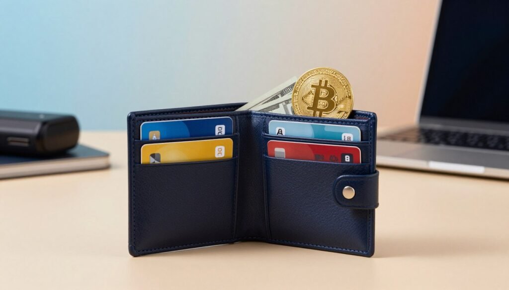 A sleek, modern wallet positioned prominently in the foreground, showcasing its premium leather texture. The wallet is partially open, revealing neatly organized credit cards, cash, and a cryptocurrency hardware wallet inside. In the middle ground, soft, blurred elements such as a stylish desk and a laptop hint at a tech-savvy environment conducive to cryptocurrency transactions. The background features a subtle gradient of light colors, creating a warm and inviting atmosphere. The lighting is soft and diffused, casting gentle shadows to enhance the textures. The overall mood is sophisticated and secure, ideal for a narrative about storing digital assets safely.