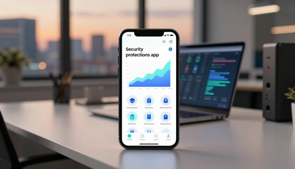 A sleek smartphone displaying a user-friendly "security protections app" interface takes center stage in the foreground. The app, featuring vibrant graphs and intuitive icons depicting encryption, multi-factor authentication, and secure storage, glows softly against a modern, minimalistic office desk. In the middle ground, blurred elements of a high-tech workspace, such as a laptop and cybersecurity hardware, create context without distraction. In the background, a softly lit city skyline at dusk provides an urban feel, hinting at the app’s advanced technology. The lighting is warm and inviting, with a professional atmosphere. The image captivates the viewer, conveying trust and innovation in digital security solutions without any text or distractions.